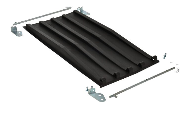 PLID-D-33_A.jpg A black rectangular rubber mat with grooves, made for the Vestil Poly Lid for Size 0.33 Style D Hopper, is shown against a white background with metal brackets and hardware for simple mounting or installation.
