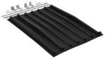 A black rubber speed bump with six raised sections is depicted alongside the durability of a Vestil Poly Lid for Size 0.5 Style D Hopper, complete with installation hardware including two metal rods, various brackets, and bolts positioned above the bump.