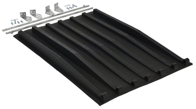 PLID-D-50_A.jpg A black rubber speed bump with six raised sections is depicted alongside the durability of a Vestil Poly Lid for Size 0.5 Style D Hopper, complete with installation hardware including two metal rods, various brackets, and bolts positioned above the bump.