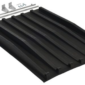 A black rubber speed bump with six raised sections is depicted alongside the durability of a Vestil Poly Lid for Size 0.5 Style D Hopper, complete with installation hardware including two metal rods, various brackets, and bolts positioned above the bump.