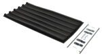 A black rectangular roof vent with a corrugated design is next to metal installation brackets and screws. The brackets, resembling the durability of a Vestil Poly Lid for Size 0.75 Style D Hopper, are aligned in two neat rows.