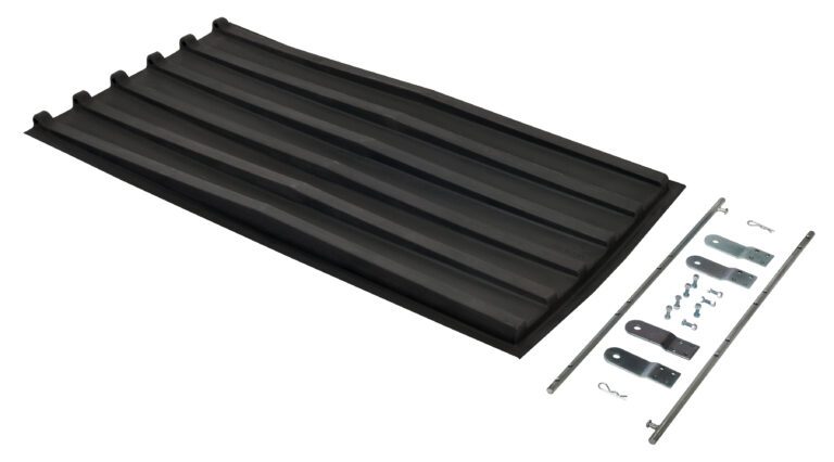 A black rectangular roof vent with a corrugated design is next to metal installation brackets and screws. The brackets, resembling the durability of a Vestil Poly Lid for Size 0.75 Style D Hopper, are aligned in two neat rows.