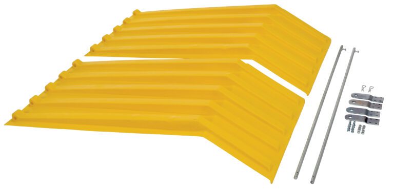 The Vestil Yellow Poly Lids Size 1 Style H Hopper includes two large stabilizer bars and essential hardware, such as screws, brackets, and metal rods, neatly arranged on a white background for easy assembly.