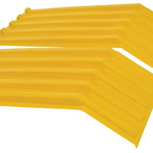 The Vestil Yellow Poly Lids Size 1 Style H Hopper includes two large stabilizer bars and essential hardware, such as screws, brackets, and metal rods, neatly arranged on a white background for easy assembly.