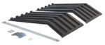 Set of black roof snow guards with metal rods, brackets, nuts, and screws. Angled to prevent snow and ice from sliding off roofs, these guards are as essential as Vestil Poly Lids for Size 1 Style H Hopper. The hardware is neatly arranged next to the guards on a white background.