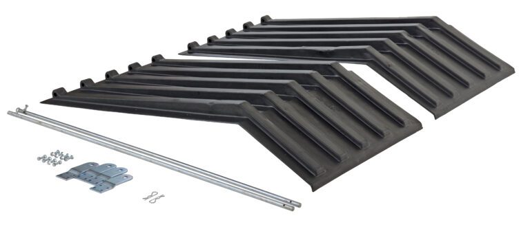 PLID-H-100_A.jpg Set of black roof snow guards with metal rods, brackets, nuts, and screws. Angled to prevent snow and ice from sliding off roofs, these guards are as essential as Vestil Poly Lids for Size 1 Style H Hopper. The hardware is neatly arranged next to the guards on a white background.