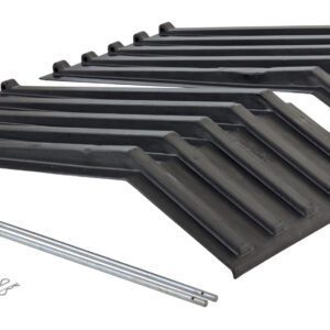 Two sets of black plastic snow guards, resembling the durable Vestil Poly Lids for Size 1.5 Style H Hopper, and featuring a stepped design, are placed on a white surface with metal rods and mounting hardware.