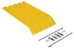 A yellow ribbed plastic ramp, designed for the Vestil Yellow Poly Lid Size 0.25 Style H Hopper, comes with two thin metal rods, three brackets, and small hardware items like screws and hooks, all displayed on a white background.
