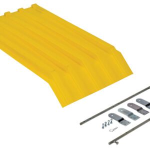 A yellow ribbed plastic ramp, designed for the Vestil Yellow Poly Lid Size 0.25 Style H Hopper, comes with two thin metal rods, three brackets, and small hardware items like screws and hooks, all displayed on a white background.