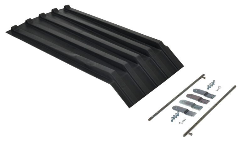 A black plastic ramp with a grooved surface is displayed with metal brackets and screws, likely for installation. Similar to the Vestil Poly Lids For Size 0.25 Style H Hopper, it has raised edges for better stability.