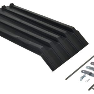 A black plastic ramp with a grooved surface is displayed with metal brackets and screws, likely for installation. Similar to the Vestil Poly Lids For Size 0.25 Style H Hopper, it has raised edges for better stability.