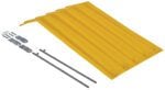 The Vestil Yellow Poly Lid Size 0.5 Style H Hopper, with its corrugated texture and silver metal hardware (brackets, screws, and two long rods), is ideal for enhancing the roof of an outdoor structure or shed.