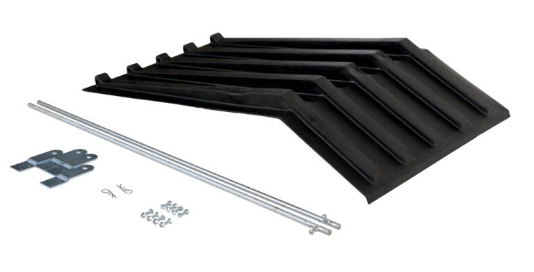 A set of black rubber car curb ramps with metal poles, brackets, and screws is carefully arranged alongside the Vestil Poly Lid for Size 0.5 Style H Hopper on a pristine white background.