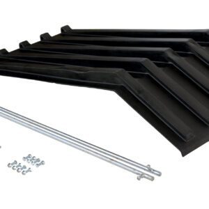 A set of black rubber car curb ramps with metal poles, brackets, and screws is carefully arranged alongside the Vestil Poly Lid for Size 0.5 Style H Hopper on a pristine white background.