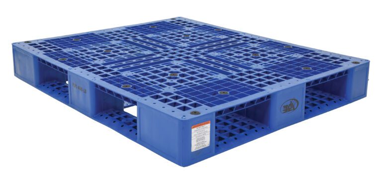 The Vestil Blue Plastic Pallet (47 3/8 x 39 3/8 inches) features a grid pattern, reinforced corners, open sides for forklift access, and circular surface cutouts, supporting up to 8000 lb.