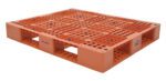 The Vestil Orange Plastic Pallet 6600 Lb-48 X 40 is a rectangular design with a grid surface featuring square patterns and circular accents, built to support up to 6600 lbs and resting on sturdy block supports.