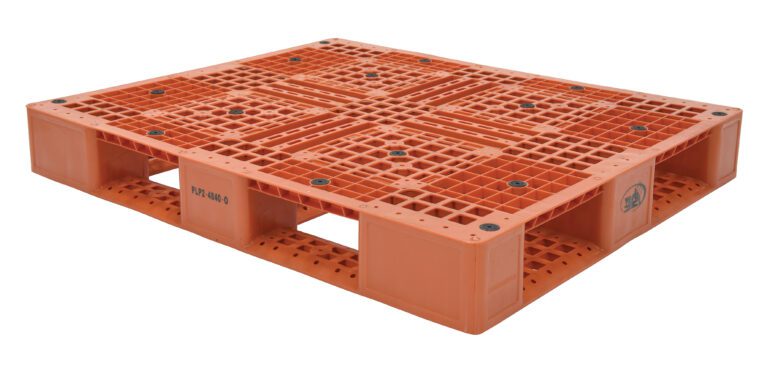The Vestil Orange Plastic Pallet 6600 Lb-48 X 40 is a rectangular design with a grid surface featuring square patterns and circular accents, built to support up to 6600 lbs and resting on sturdy block supports.
