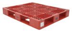 The Vestil Red Plastic Pallet, 48 x 40 inches, features a grid pattern with side and bottom openings, black circular top inserts, labeled sides, and supports up to 6600 lbs effortlessly.