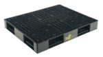 The Vestil Black Plastic Pallet 8800 Lb 47 X 40 has a grid surface, hollow rectangular spaces for support, and supports up to 8800 lbs. Its design with a yellow logo allows easy stacking and transportation.