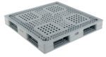The Vestil Standard Plastic Pallet 6.6K 48 x 48 features a gray grid surface with rectangular cutouts for easy lifting and a two-tier interlocking design for stability during stacking.