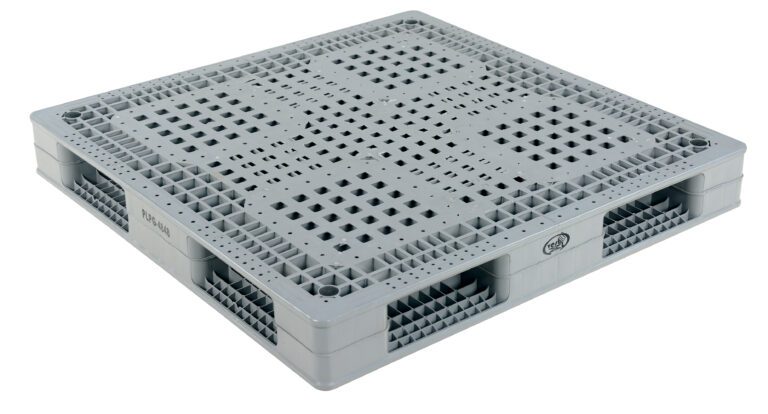 PLPG-4848_A.jpg The Vestil Standard Plastic Pallet 6.6K 48 x 48 features a gray grid surface with rectangular cutouts for easy lifting and a two-tier interlocking design for stability during stacking.