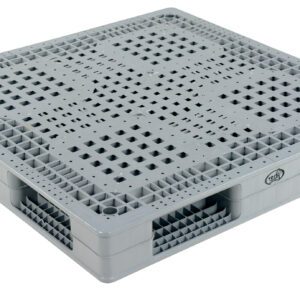 The Vestil Standard Plastic Pallet 6.6K 48 x 48 features a gray grid surface with rectangular cutouts for easy lifting and a two-tier interlocking design for stability during stacking.