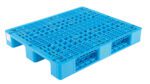 The Vestil Rackable Plastic Pallet 13200 Lb 48 X 40 features a blue grid-like top surface with open slots for easy handling and is designed for durability, offering a remarkable capacity of 13,200 lbs for efficient transportation and storage.