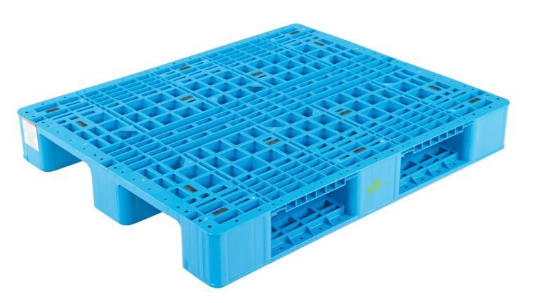 The Vestil Rackable Plastic Pallet 13200 Lb 48 X 40 features a blue grid-like top surface with open slots for easy handling and is designed for durability, offering a remarkable capacity of 13,200 lbs for efficient transportation and storage.