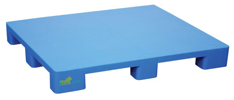 The Vestil Hygienic Plastic Pallet 8800 Lb 48 X 40 features a robust rectangular design with evenly spaced support legs, a smooth surface, and a subtle logo. It can hold up to 8800 lbs and comes in blue.