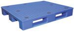 The Vestil Blue Plastic Pallet 8800 Lb 48 X 40 features a grid pattern and supports up to 8800 lbs. It has two rectangular openings on each side for easy lifting and transport, making it ideal for industrial and warehouse use.