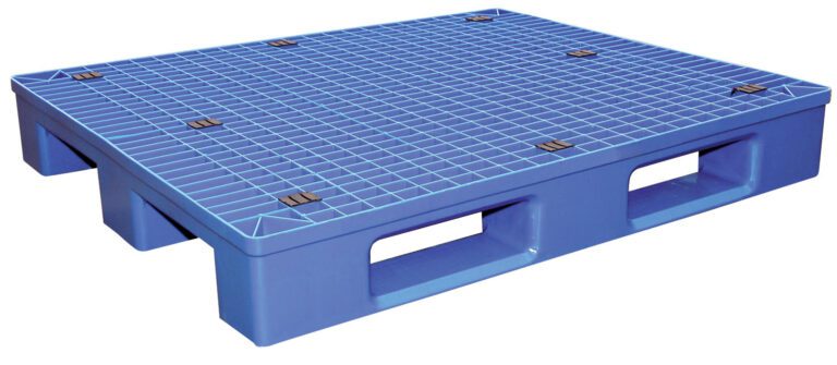 The Vestil Blue Plastic Pallet 8800 Lb 48 X 40 features a grid pattern and supports up to 8800 lbs. It has two rectangular openings on each side for easy lifting and transport, making it ideal for industrial and warehouse use.