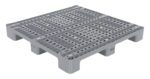 The Vestil Plastic Pallet 13000 Lb 47.5 X 47.5, featuring a gray grid surface and four sturdy legs, has evenly spaced holes and a robust frame ideal for efficiently supporting and transporting goods.