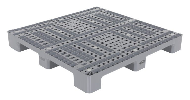 The Vestil Plastic Pallet 13000 Lb 47.5 X 47.5, featuring a gray grid surface and four sturdy legs, has evenly spaced holes and a robust frame ideal for efficiently supporting and transporting goods.