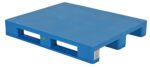 The Vestil Solid Top Rackable Plastic Pallet/Skid has a blue, flat top with open slots beneath for forklift use. Its rectangular shape and reinforced edges enhance durability, and theres a small label on one side.