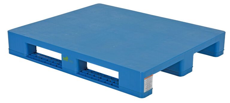 PLPS-H_A.jpg The Vestil Solid Top Rackable Plastic Pallet/Skid has a blue, flat top with open slots beneath for forklift use. Its rectangular shape and reinforced edges enhance durability, and theres a small label on one side.
