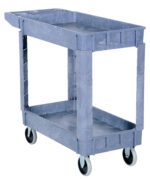 The Vestil Plastic Utility Cart 2 Shelves 17.5 X 31 is an industrial gray cart with two shelves and wheels, ideal for item transport. Its rectangular shape ensures durability and functionality in any setting.