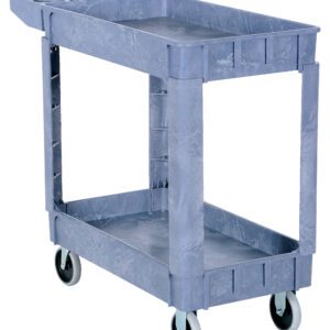 The Vestil Plastic Utility Cart 2 Shelves 17.5 X 31 is an industrial gray cart with two shelves and wheels, ideal for item transport. Its rectangular shape ensures durability and functionality in any setting.