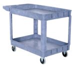 The Vestil Plastic Utility Cart 2 Shelves 24.5 X 36, in gray, features two spacious shelves and four wheels. With a handle on one side and open sides for easy access, its straightforward design is perfect for efficiently transporting items.
