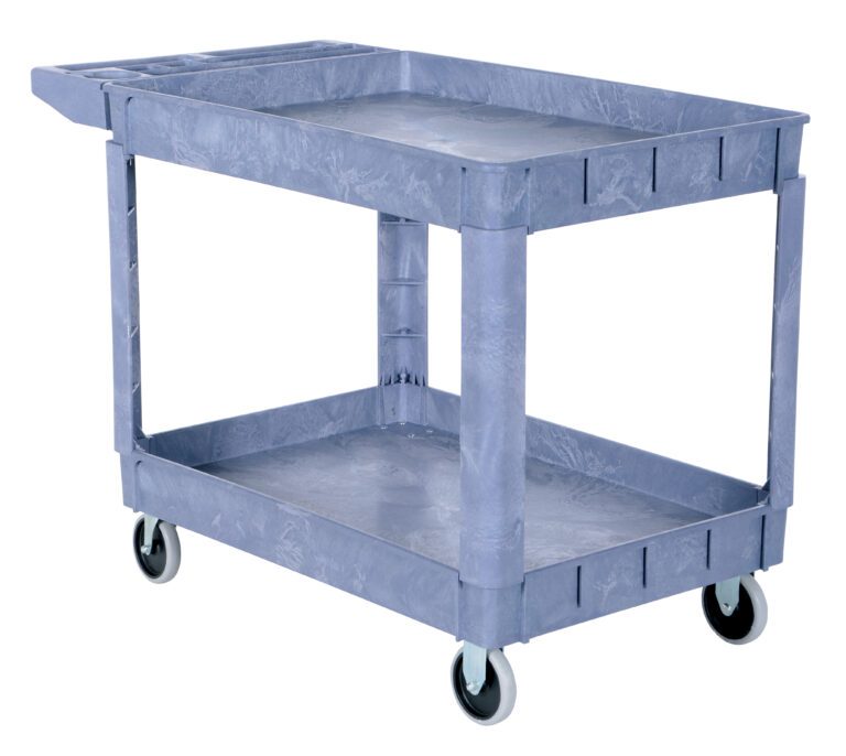 The Vestil Plastic Utility Cart 2 Shelves 24.5 X 36, in gray, features two spacious shelves and four wheels. With a handle on one side and open sides for easy access, its straightforward design is perfect for efficiently transporting items.