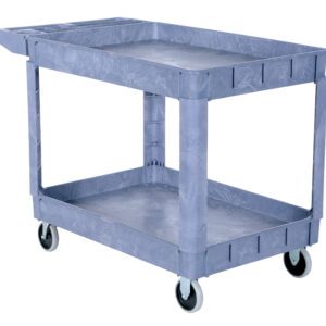 The Vestil Plastic Utility Cart 2 Shelves 24.5 X 36, in gray, features two spacious shelves and four wheels. With a handle on one side and open sides for easy access, its straightforward design is perfect for efficiently transporting items.