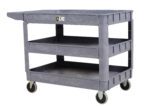 The Vestil Plastic Utility Cart 3 Shelves 24.5 X 36 showcases a sleek gray design with three spacious shelves. Its industrial look is enhanced by practical wheels, handle, and a warning label against the white background, making it ideal for various tasks.