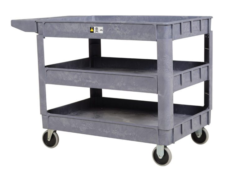 PLSC-3-2436_A.jpg The Vestil Plastic Utility Cart 3 Shelves 24.5 X 36 showcases a sleek gray design with three spacious shelves. Its industrial look is enhanced by practical wheels, handle, and a warning label against the white background, making it ideal for various tasks.