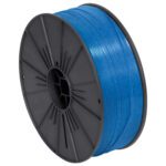 The MH-USA 5/32 x 7000 Blue Plastic Twist Tie Spool is displayed, neatly coiled on a black plastic spool with spokes and a central hub. Positioned at an angle, it showcases the smooth, vibrant blue color.