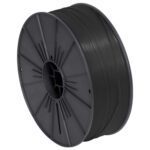 A glossy black 3D printer filament spool, akin to the MH-USA 5/32 x 7000 Twist Tie Spool, winds neatly on a plastic reel, subtly reflecting light with a hub and several spokes extending to the rim.