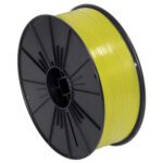 The yellow 3D printer filament spool resembles the MH-USA 5/32 x 7000 Yellow Plastic Twist Tie Spool, featuring a black reel with radial spokes.