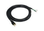The Vestil Optional AC Power Cord Plug Install is a black coiled wire with a three-prong plug on one end and exposed green, white, and black wires at the other for easy installation, isolated on a white background.