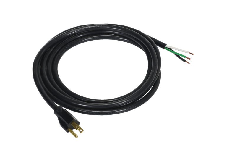 The Vestil Optional AC Power Cord Plug Install is a black coiled wire with a three-prong plug on one end and exposed green, white, and black wires at the other for easy installation, isolated on a white background.