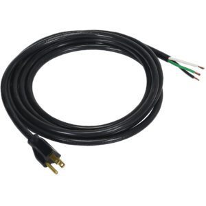 The Vestil Optional AC Power Cord Plug Install is a black coiled wire with a three-prong plug on one end and exposed green, white, and black wires at the other for easy installation, isolated on a white background.