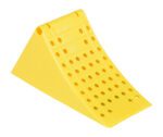 The Vestil Large Yellow Plastic Wheel Chock features a bright yellow hue and triangular design with a perforated surface of circular holes, ensuring vehicle stability and preventing unwanted movement.