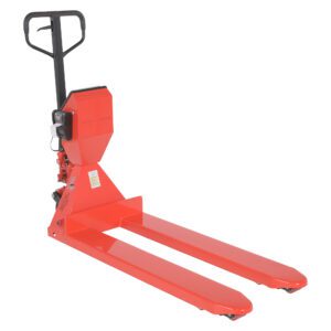The Vestil HD Pallet Truck-Scale 5K 22.38 X 48 is a red manual pallet jack with a black handle and long forks, ideal for warehouses or retail settings. It stands out against a white background, highlighting its durability for lifting and moving pallets.